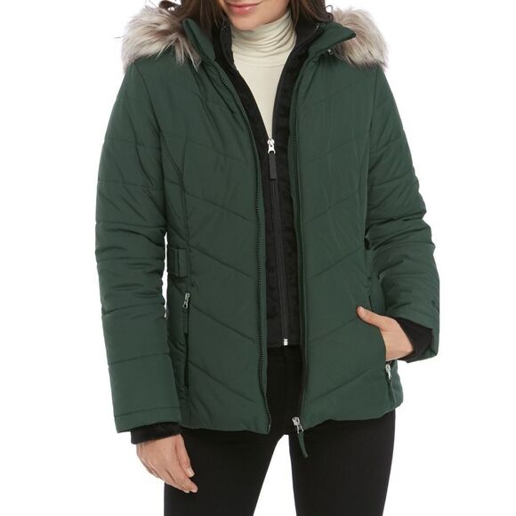 New! FREE COUNTRY Women's Hooded Quilted Puffer Jacket Coat Olive Green Medium - Picture 2 of 5